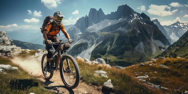 Photo un cycliste roule sur fond de montagnes ia générative