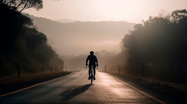 Un cycliste roule vers l'aube