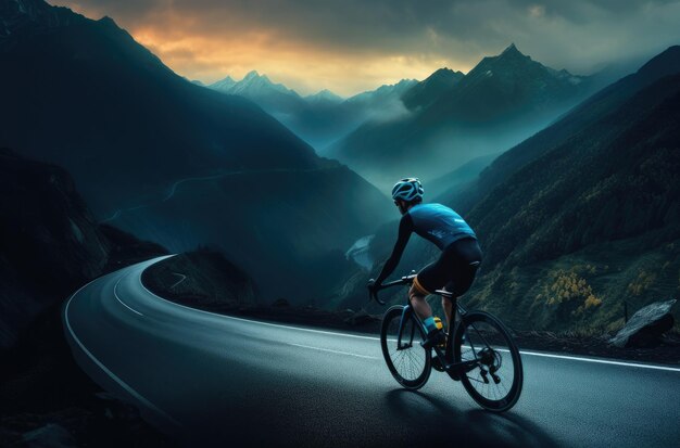 Un cycliste sur une route de montagne