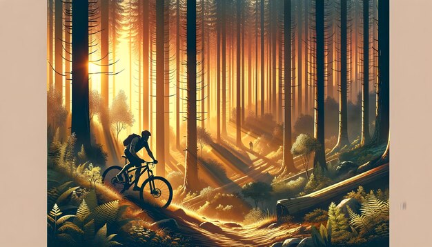 un cycliste traversant une forêt luxuriante avec des rayons de soleil filtrant à travers les arbres