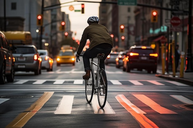 Un cycliste traverse un passage pour piétons au milieu d'une ville animée.