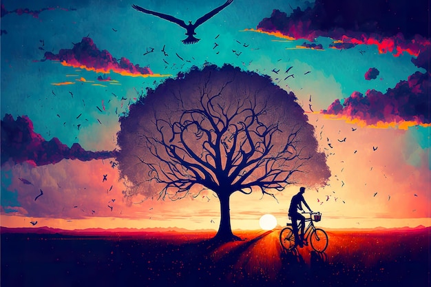 Un cycliste traverse un paysage coloré avec un arbre