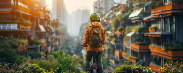 Un cycliste urbain s'arrête pour voir l'architecture de la ville écologique