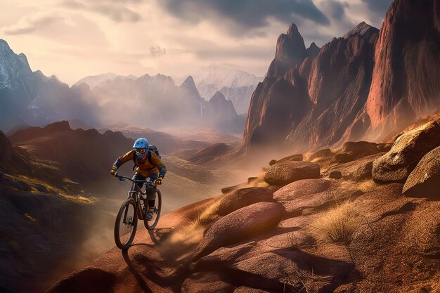 Un cycliste à vélo dans les montagnes