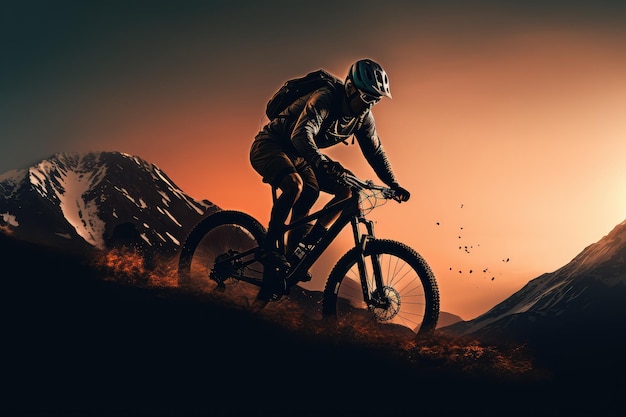 cycliste sur un vélo sur la montagne au coucher du soleil