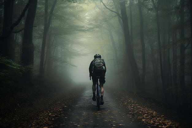 Un cycliste sur un vélo avec des sacs à dos roulant le long d'une route forestière brumeuse