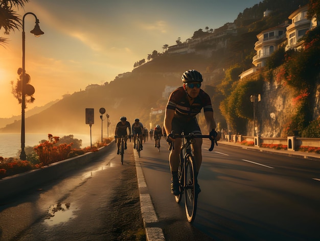 Des cyclistes courent sur une route côtière avec une belle vue sur le coucher de soleil