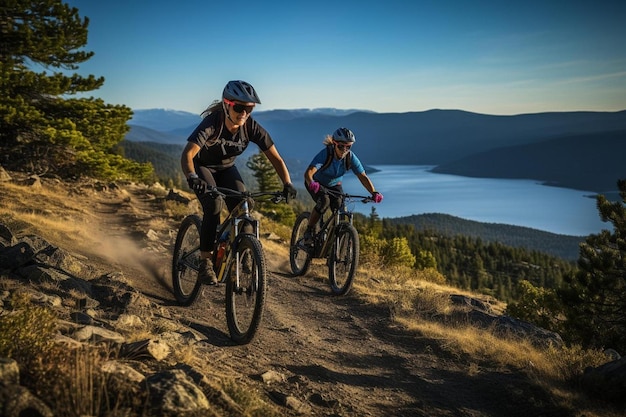 Les cyclistes de montagne parcourent un sentier avec un lac en arrière-plan.