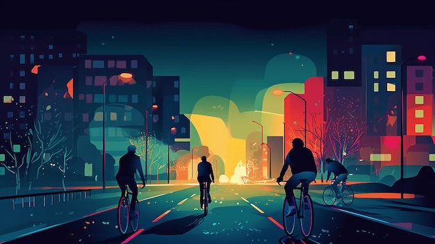Cyclistes de nuit sur la route Illustration colorée de l'IA générative