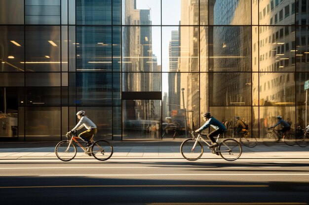 Des cyclistes passent devant des gratte-ciel en train de faire de l'exercice.