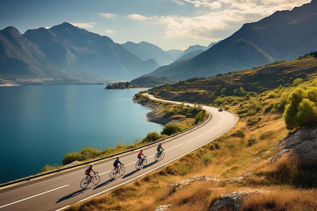 Les cyclistes roulent sur une route au bord d'un lac