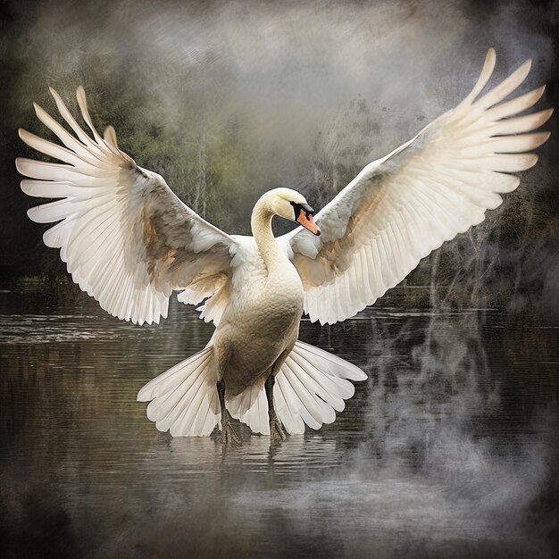 un cygne avec des ailes étalées dans l'eau avec une image d'un cygne