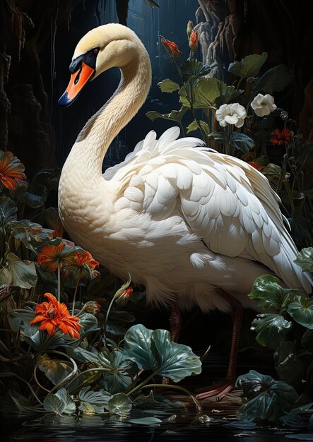 un cygne blanc avec un bec bleu et un bec orange se tient dans un jardin avec des fleurs