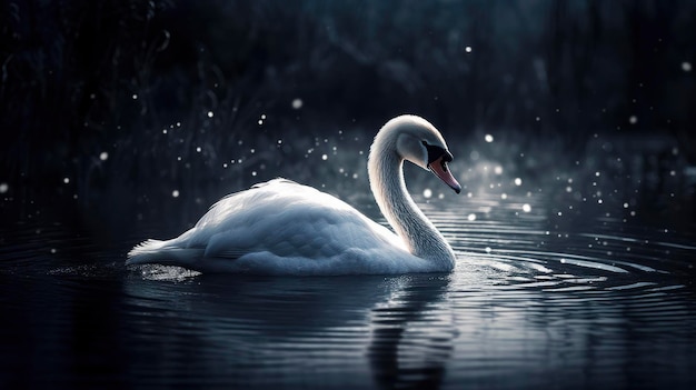 Un cygne blanc nage dans un étang avec des gouttes de pluie sur l'eau.