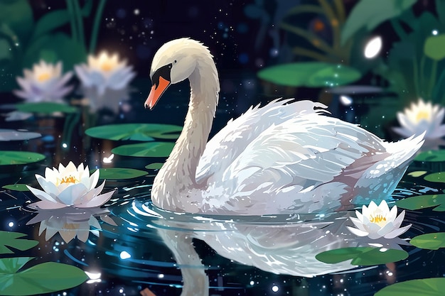 Un cygne blanc nageant dans un étang avec des lis d'eau