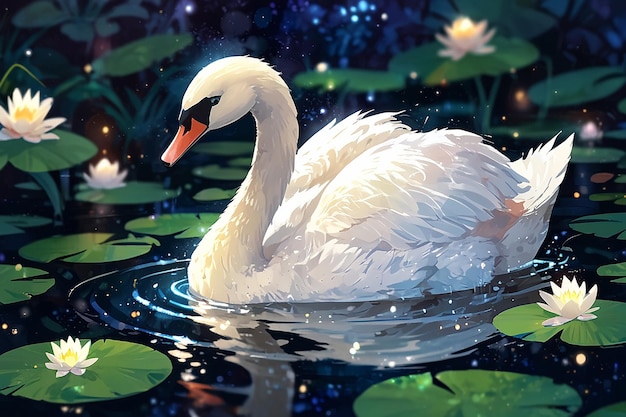 Un cygne blanc nageant dans un étang avec des lis d'eau
