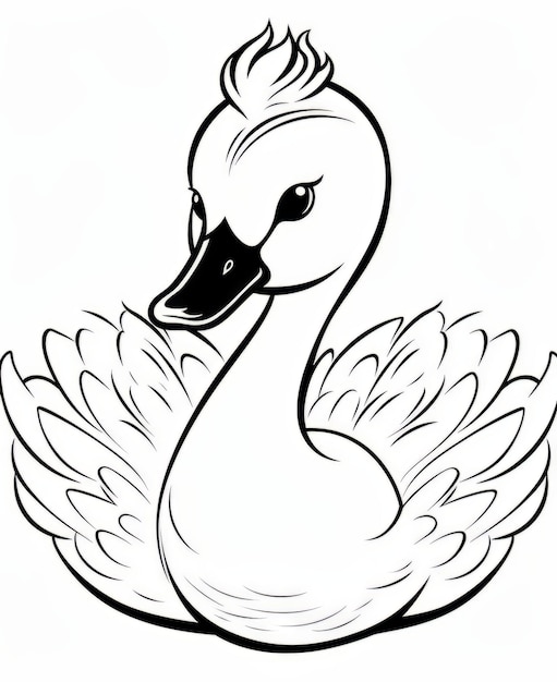 cygne, à, couronne, noir blanc, dessin animé, illustration