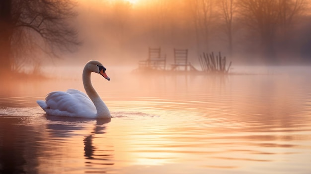 Un cygne dans le lac avec de la brume le matin