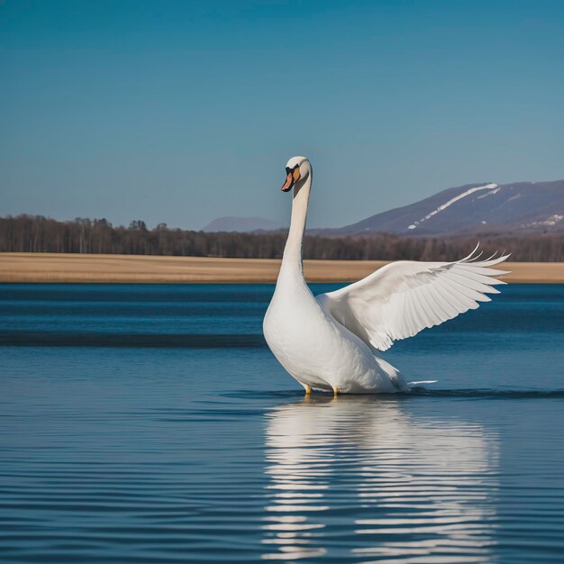 Le cygne debout dans le lac les ailes déployées dans une journée ensoleillée d'hiver