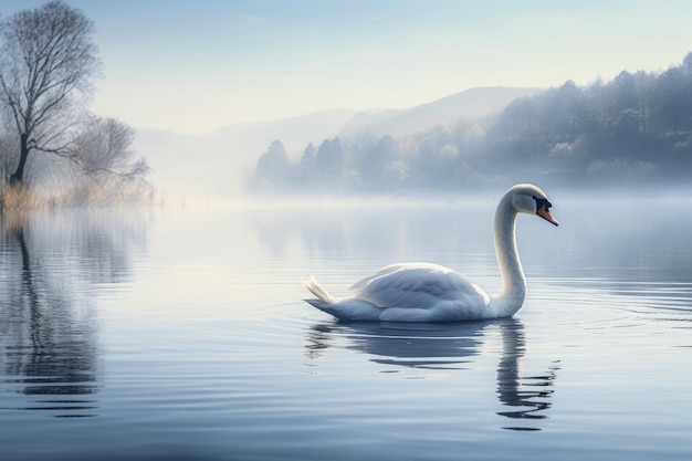 Photo un cygne élégant glissant gracieusement sur un lac serein à l'aube un cygne gracieusement glissant sur un lac calme