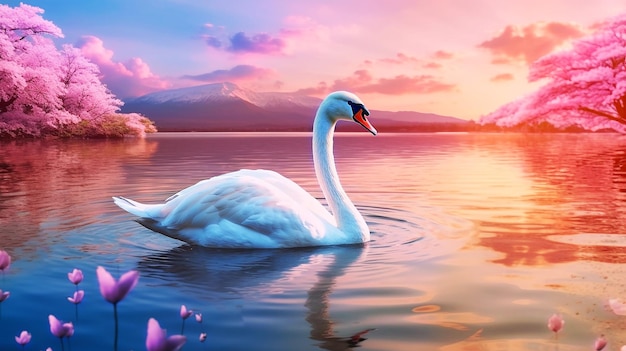 Photo le cygne étendant ses ailes dans la rivière avec le fond de la montagne