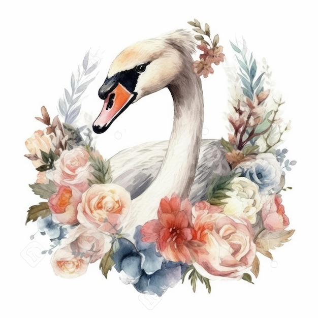 Un cygne avec des fleurs dessus.