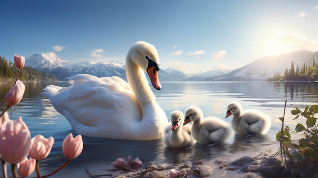 Un cygne sur un lac avec un coucher de soleil en arrière-plan