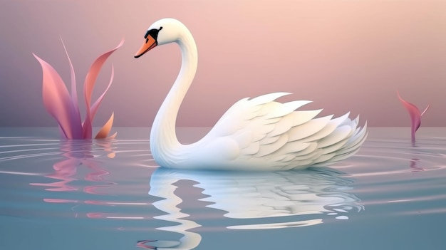 Un cygne nage dans l'eau avec un ciel rose derrière lui.