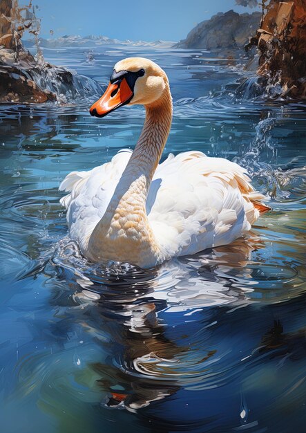 un cygne nage dans l'eau avec le reflet de sa tête