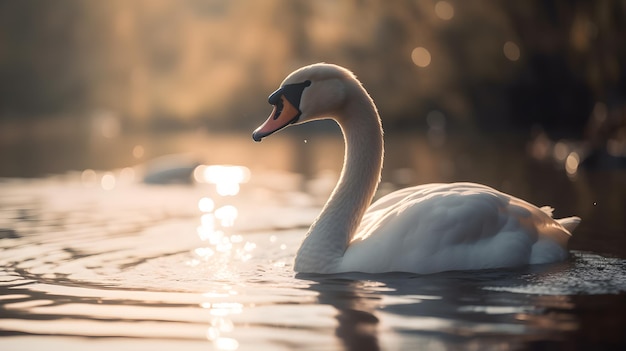 Un cygne nageant dans un lac avec le soleil qui brille sur l'eau