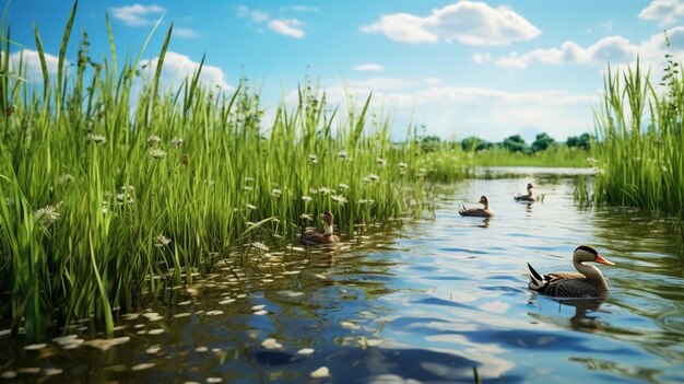 Des cygnes et des cygnes nagent dans un lac en été.