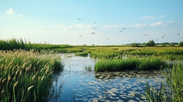 Des cygnes et des cygnes nagent dans un lac en été.