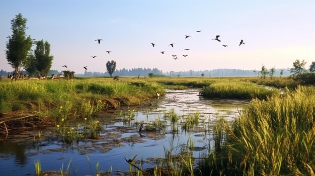 Des cygnes et des cygnes nagent dans un lac en été.