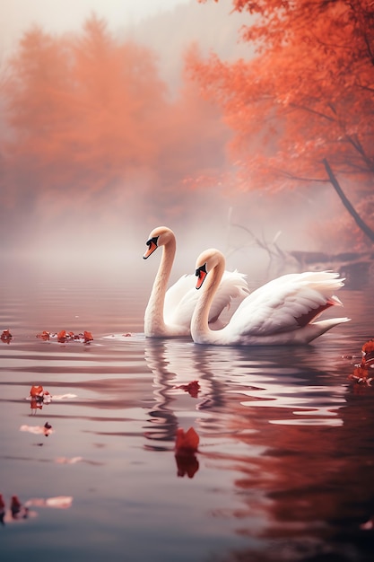 Les cygnes glissent gracieusement sur un lac couvert de brume entouré de couleurs d'automne.