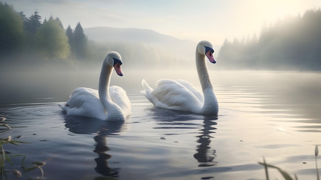 Des cygnes gracieux glissent sur un lac tranquille sous une douce brume matinale.