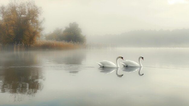 Photo des cygnes sur un lac dans le brouillard