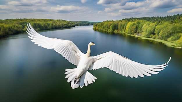 des cygnes volant au-dessus de la belle rivière