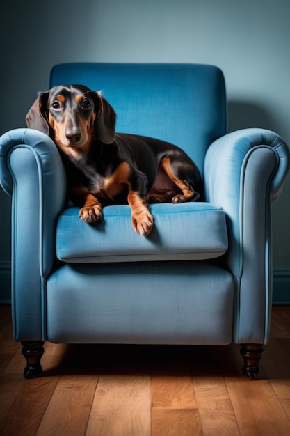 Un dachshund brun étiré et endormi à l'envers sur un fauteuil bleu.