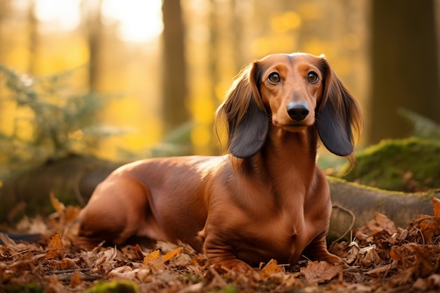 Photo un dachshund dans la forêt un chien adorable qui se promène une ia générative