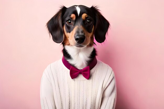 Un dachshund sur un fond rose clair