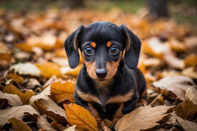 Un dachshund jouant dans les feuilles d'automne