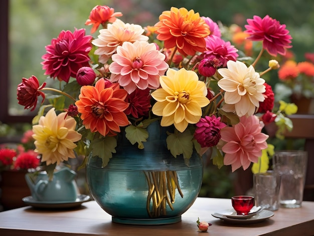 Dahlias en fleurs Un bouquet de table