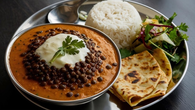 Photo dal makhani ou daal makhni un déjeuner ou dîner indien servi avec du riz ordinaire et du beurre roti ou c