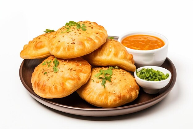 Dal Pakwan Kachori vibrant Sur un fond blanc, une image de nourriture traditionnelle indienne kachori