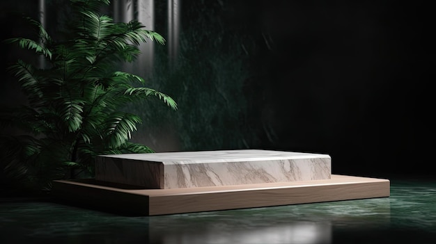 Une dalle de marbre est posée sur une table devant une plante.