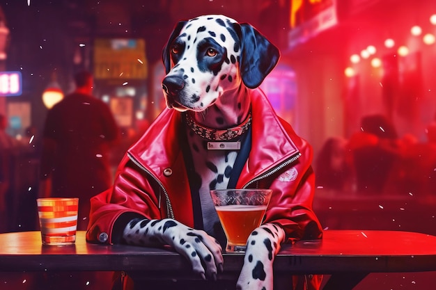 Dalmatien assis à table avec une boisson devant lui IA générative