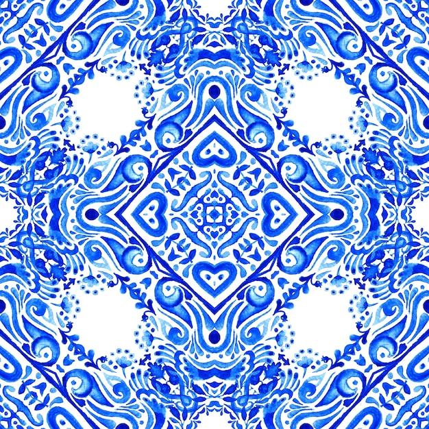 Damassé motif aquarelle transparente de carreaux orientaux bleus et blancs, ornements.