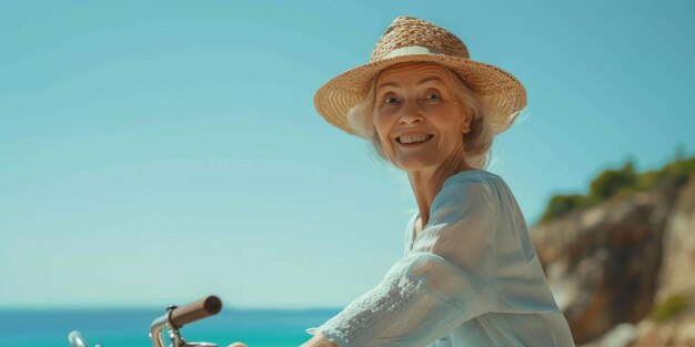 Une dame âgée fait un tour en vélo sur la côte.