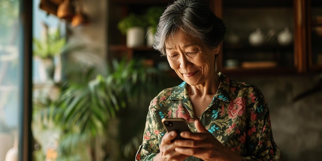 Dame âgée utilisant son smartphone pour rester en contact avec sa famille et ses amis