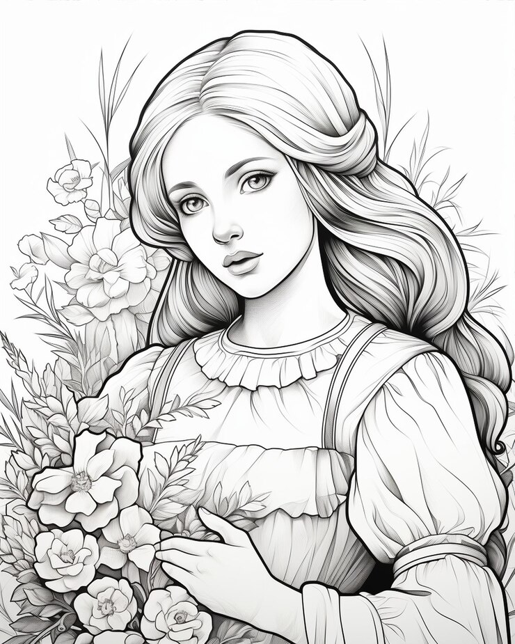 La dame aux fleurs à colorier